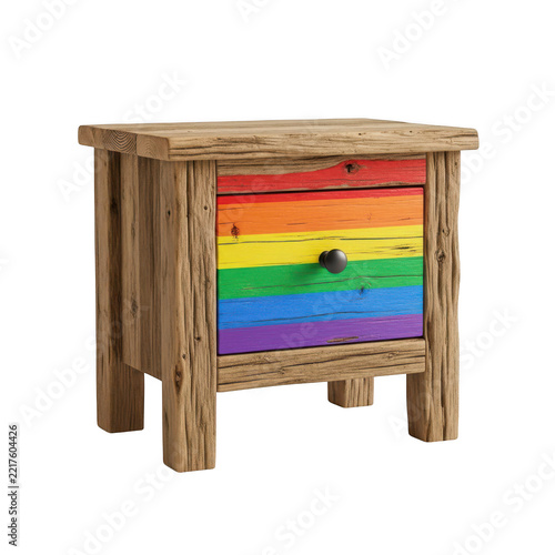 Wooden nightstand with rainbow pride flag drawer on transparent background, for LGBTQ+ and home decor.