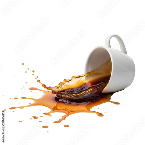 White coffee cup spilling brown liquid on transparent background, a dynamic food and drink action shot for design.