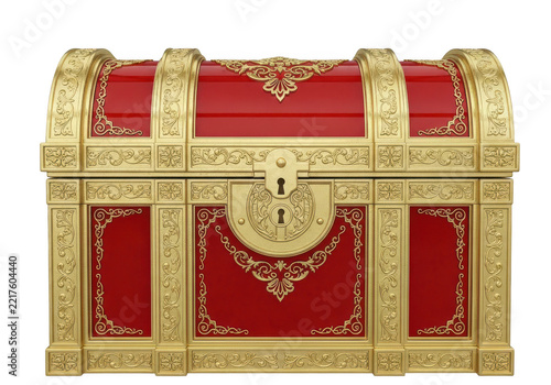 Ornate antique treasure chest with red and gold detailing featuring decorative carvings and locking mechanism on transparent background.