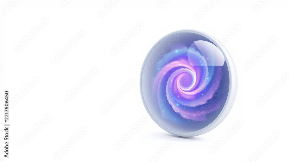 Fototapeta premium Glossy sphere contains swirling galaxy. Purple, blue hues dominate interior. Reflective surface rests upon dark background.
