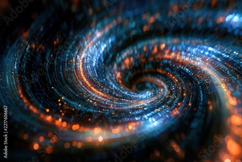 Spiral of glowing digital code in dynamic fintech innovation concept