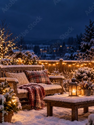 Snowy Garden Bench with Blankets and Lantern Light on a Quiet Winter Night