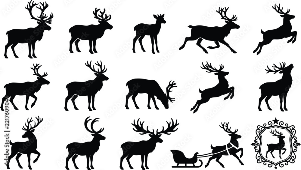 Fototapeta premium Black Christmas deer silhouette icons bundle vector design elements featuring running reindeer caribou winter holidays and sled symbols