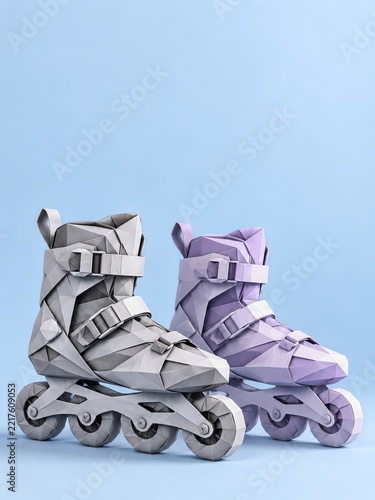 Gray and Lavender Origami Inline Skates with Folded Buckles on Blue