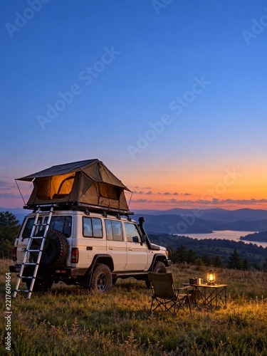 Plain utility vehicle with an open rooftop camping tent in a quiet grassy fie...