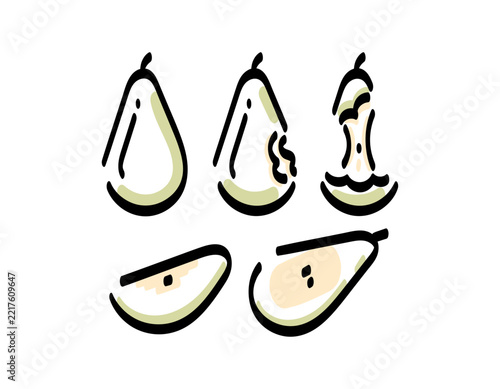 hand drawn vector illustration set of pears in various stages, whole pear, bitten pear, pear core, slices. fruit, collection. line art style, sketch. symbols, icons, clipart, design elements