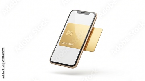 A minimalist 3D rendering featuring a modern gold-framed smartphone floating against an isolated white background.