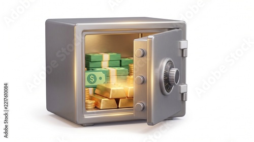 A 3D rendering of an open, metallic steel safe box isolated on a plain white background.