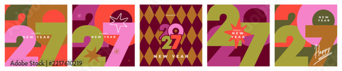 Collection of 2027 Happy New Year card, cover, poster. Set of 2027 Happy New Year logo text design. 2027 number design template. Vector illustration with labels isolated on colorful background.