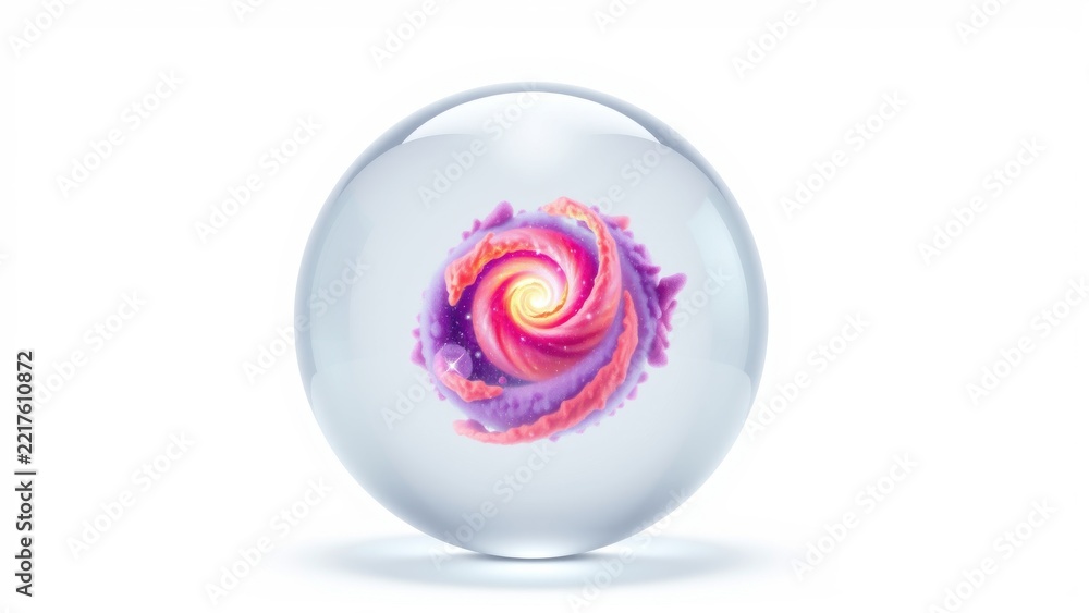 Fototapeta premium Glass sphere contains swirling pink, purple nebula. Bright colors create cosmic effect, isolated on white background. Beautiful, vibrant image.