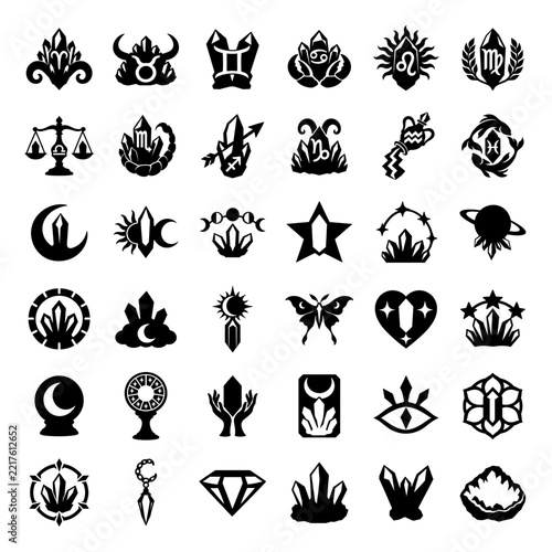 Astrology crystal silhouette set zodiac signs moon star celestial