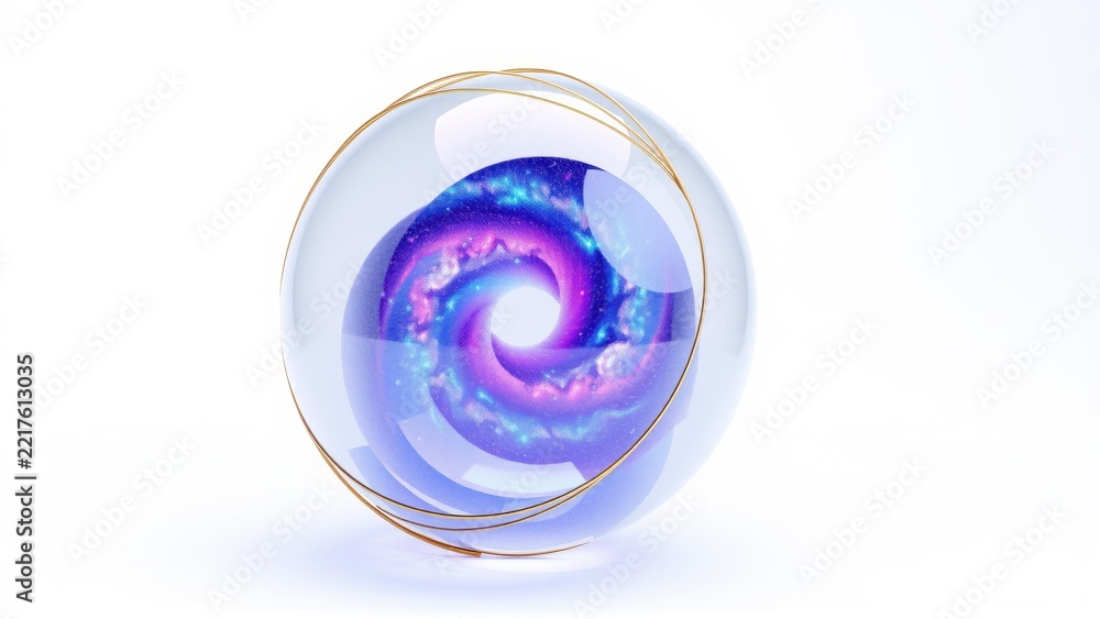 Fototapeta premium Glass sphere contains swirling galaxy. Purple, blue hues dominate interior. Golden rings encircle transparent orb. Bright, cosmic scene.