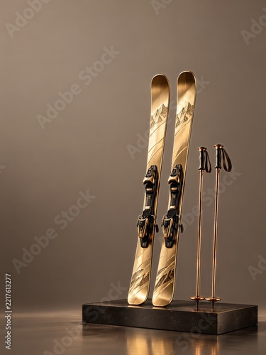 Gold Alpine Skis and Copper Poles on Dark Pedestal Against Taupe Backdrop