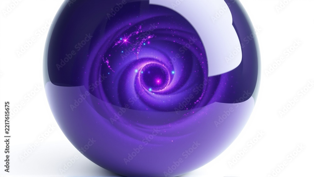Fototapeta premium Purple sphere contains swirling galaxy. Bright stars, cosmic dust create captivating visual effect. Smooth surface reflects light beautifully.