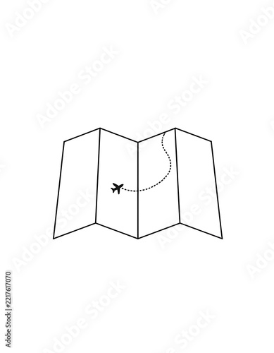 Simple map icon featuring an airplane flying over a folded document airplane navigation destination aviation vacation adventure location planning transport