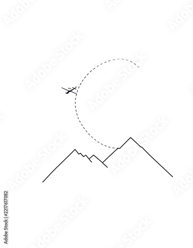 Minimalist line art drawing showing a small airplane flying a curved route over mountain peaks with airplane mountains aviation minimalist adventure navigation