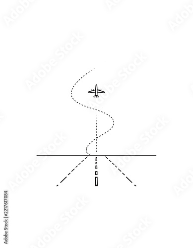 Minimalist graphic illustration of an airplane descending towards a runway path indicated by dashed lines with airplane aviation minimalist navigation departure