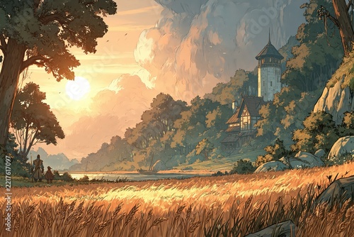 Fantasy landscape tower castle forest sunset adventure background art