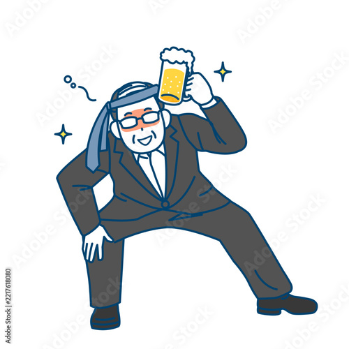 ビールを飲んで酒に酔う中年会社員の男性のイラスト