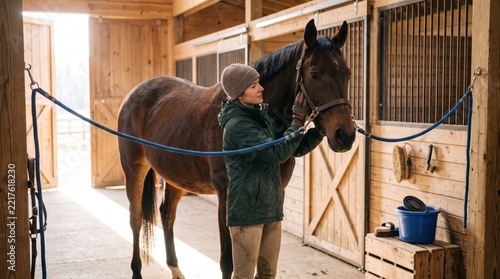 Equestrian carefully grooms a calm horse inside a clean stable while preparing the animal for training and daily care, in a realistic scene