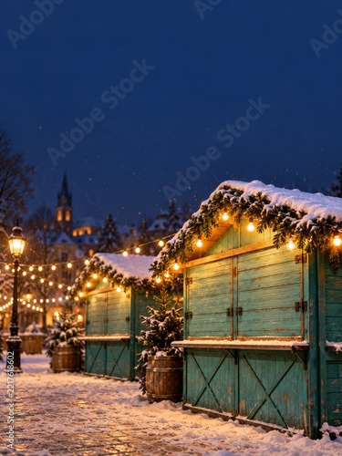 Closed Turquoise Winter Market Stalls with Evergreen Garlands after Dark