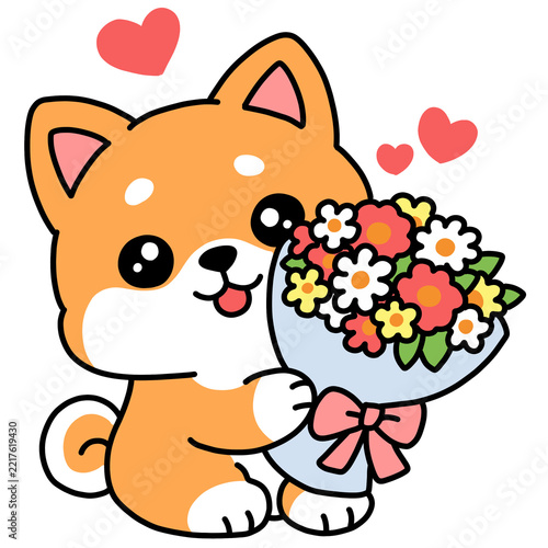 Cute Shiba Inu dog holding a colorful flower bouquet with hearts
