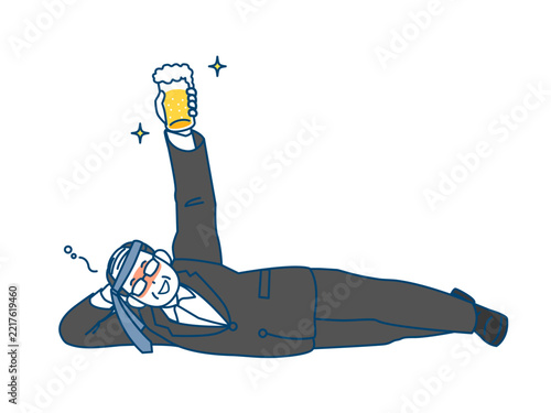 ビールを飲んで酒に酔う中年会社員の男性のイラスト