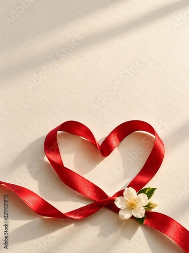 Red satin ribbon arranged into a heart on matte ivory paper with copy space