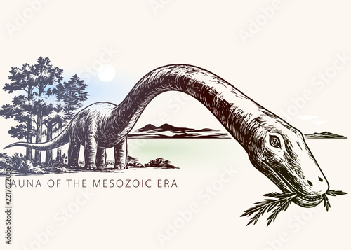 Sauropod Dinosaur Eating Plant in Landscape, Engraving Style Illustration
