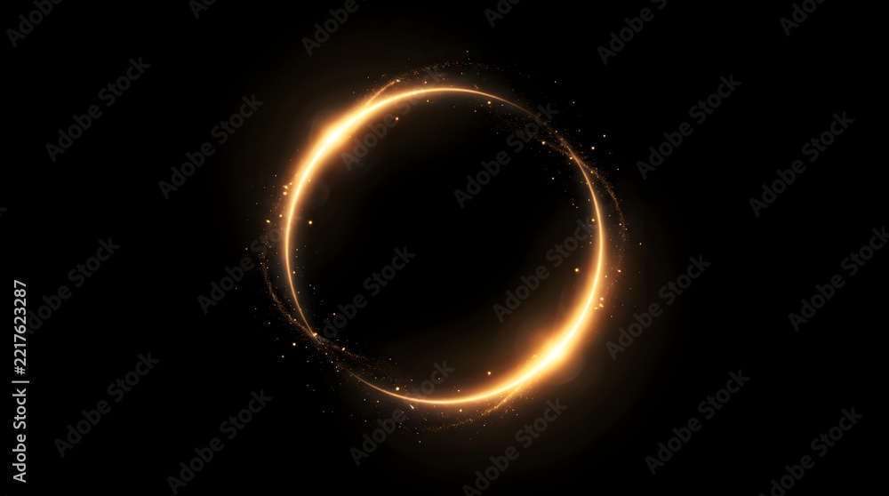 Fototapeta premium Abstract golden glowing ring with sparkling particles and light flares isolated on black background