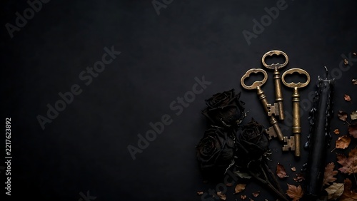 Vintage skeleton keys with black roses and autumn leaves on dark background