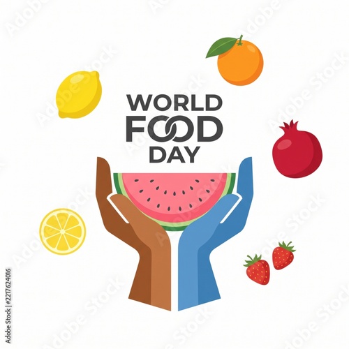World Food Day Vector Graphic with Hands Supporting Watermelon and Fruits