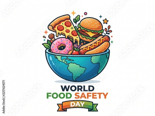 World Food Safety Day Graphic with Fast Food Items Inside Bowl on Earth Globe