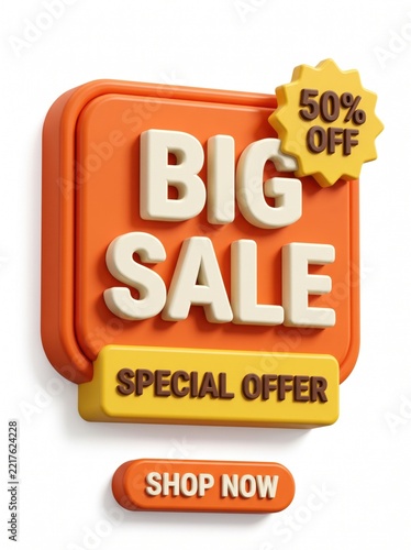 3D Orange Big Sale Button Banner with 50 Percent Off Discount Tag