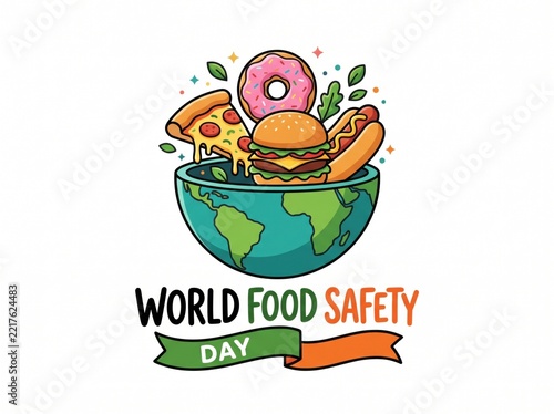 World Food Safety Day Illustration with Bowl of Fast Food on Earth Globe