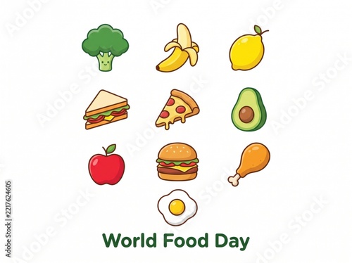 World Food Day Grid Poster with Icons of Healthy Fruits Vegetables and Fast Food