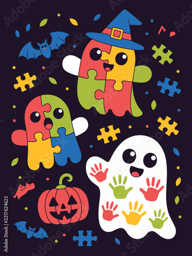 Autism awareness Halloween puzzle piece ghosts pumpkin bats inclusive design