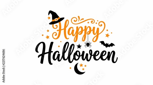 Playful Happy Halloween Typography with Witch Hat, Spider and Bat