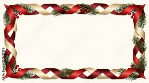 Elegant Christmas Frame of Twisted Red and Golden Ribbons Pine Twigs and Berries with Large Copy Space on Cream Background. Holiday Border Template with Ribbon and Fir Branches for Christmas Card