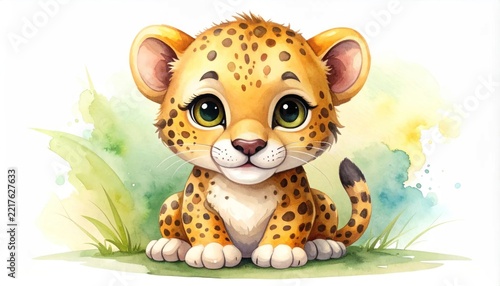 Adorable Watercolor Cheetah Cub Illustration with Playful Spots.