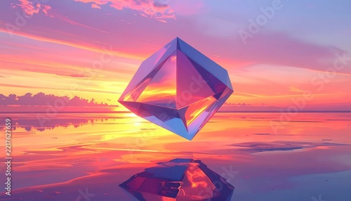 Abstract Crystal Formation Reflecting a Vibrant Sunset Sky.