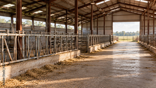 Farm bankruptcy dairy barn, empty cattle barn with metal stall and sunlit aisle in rural farm building