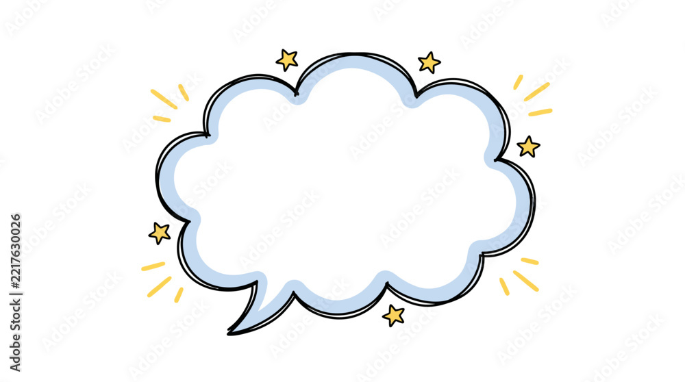 Fototapeta premium Hand-drawn cartoon speech bubble with light blue outline, black sketchy border, and sparkling yellow stars on a white background.