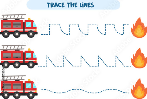 Trace the Lines Fire truck and fire – Preschool Pre-Writing and Fine Motor Skills Activity