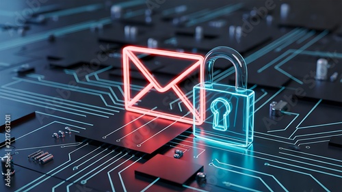Digital email security concept with glowing envelope and padlock on a circuit board