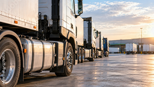 Sunlit truck depot at golden hour, row of semi truck parked on wet lot under warm sunset sky