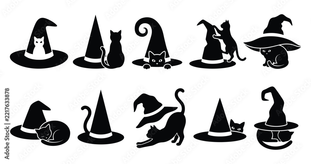 Fototapeta premium Set of black silhouette icons featuring various witch hats and cute cats for creative halloween holiday season designs