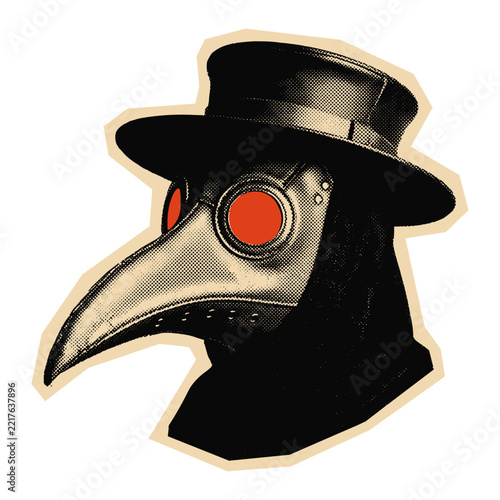 Plague doctor mask vintage halftone collage sticker with red glasses illustration