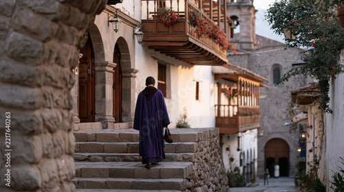 Peruvian bishop in purple cassock walking narrow cobblestone alley of historic colonial city toward cathedral entrance at dawn, traditional stone archways and flowering balconies