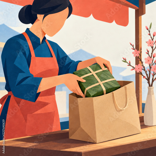 Market vendor bags a square leaf-wrapped cake